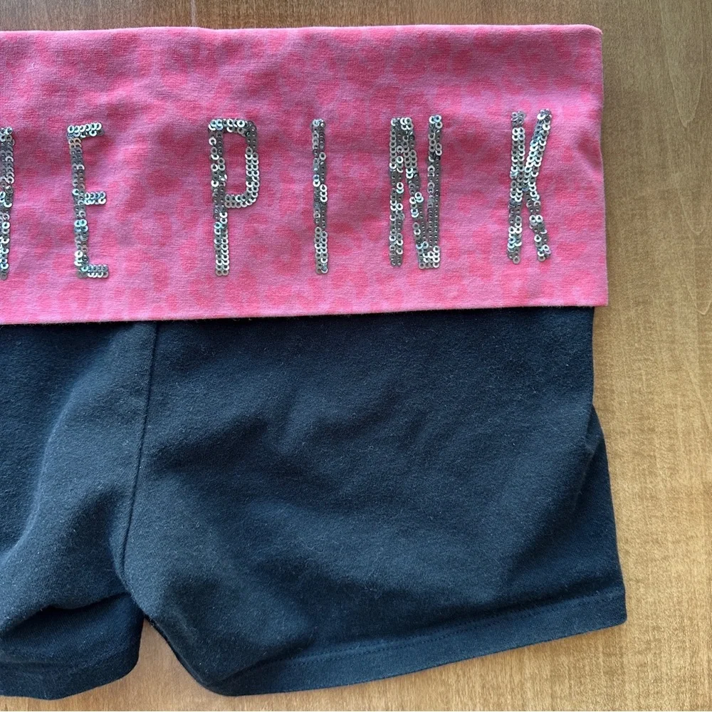 LOVE PINK Sequin Y2K Victoria’s Secret Yoga Shorts, Animal Print Folded Waist - Picture 9 of 12